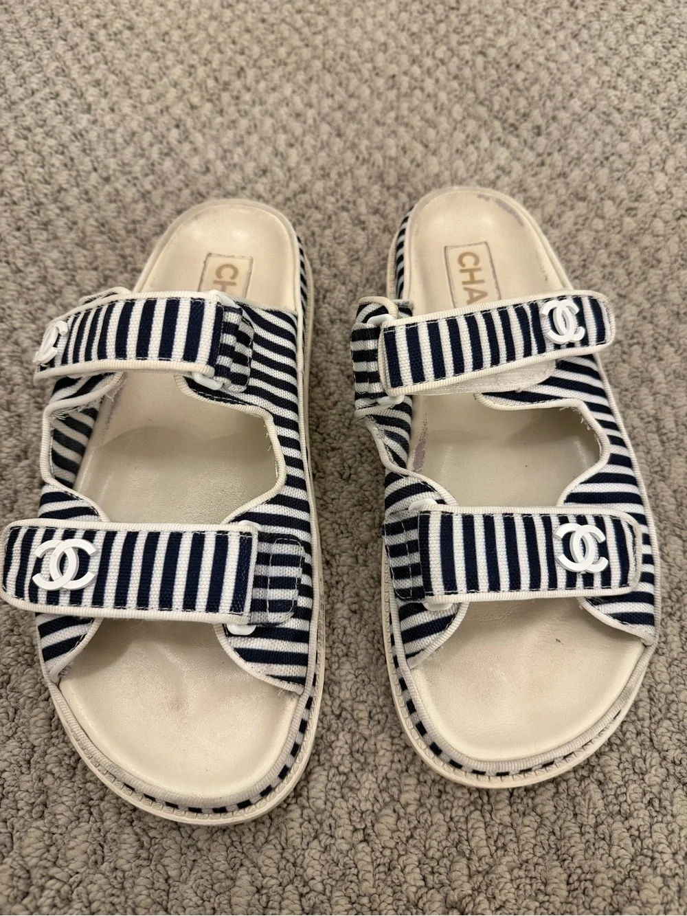 AUTHENTIC Chanel Blue/White Dad Flat Sandals Cloth Size 38C